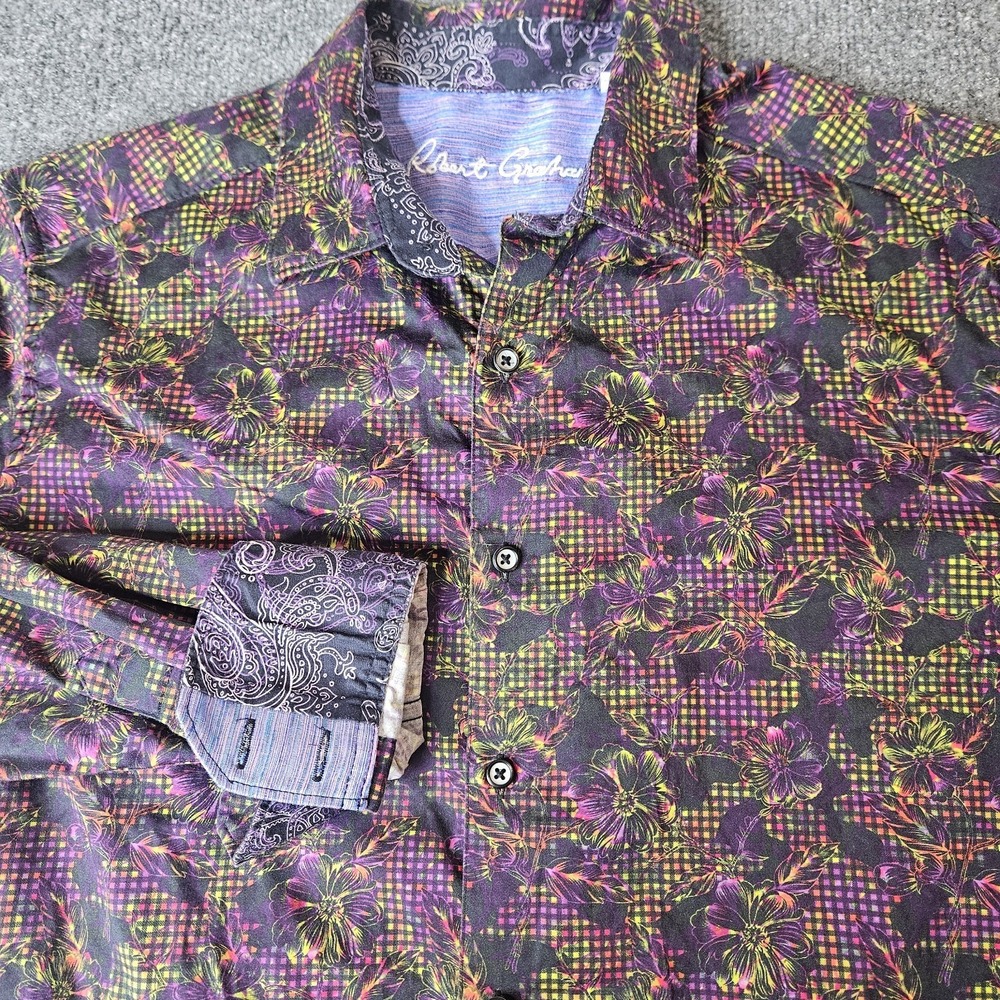 Robert Graham Mens Button Up Shirt Contrast Trim Size Large Violet Green Floral